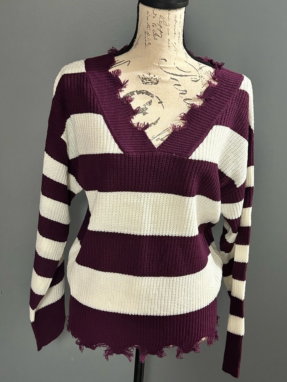 Love University Distressed V-Neck Stripe Sweater - Burgundy & Ivory NWT